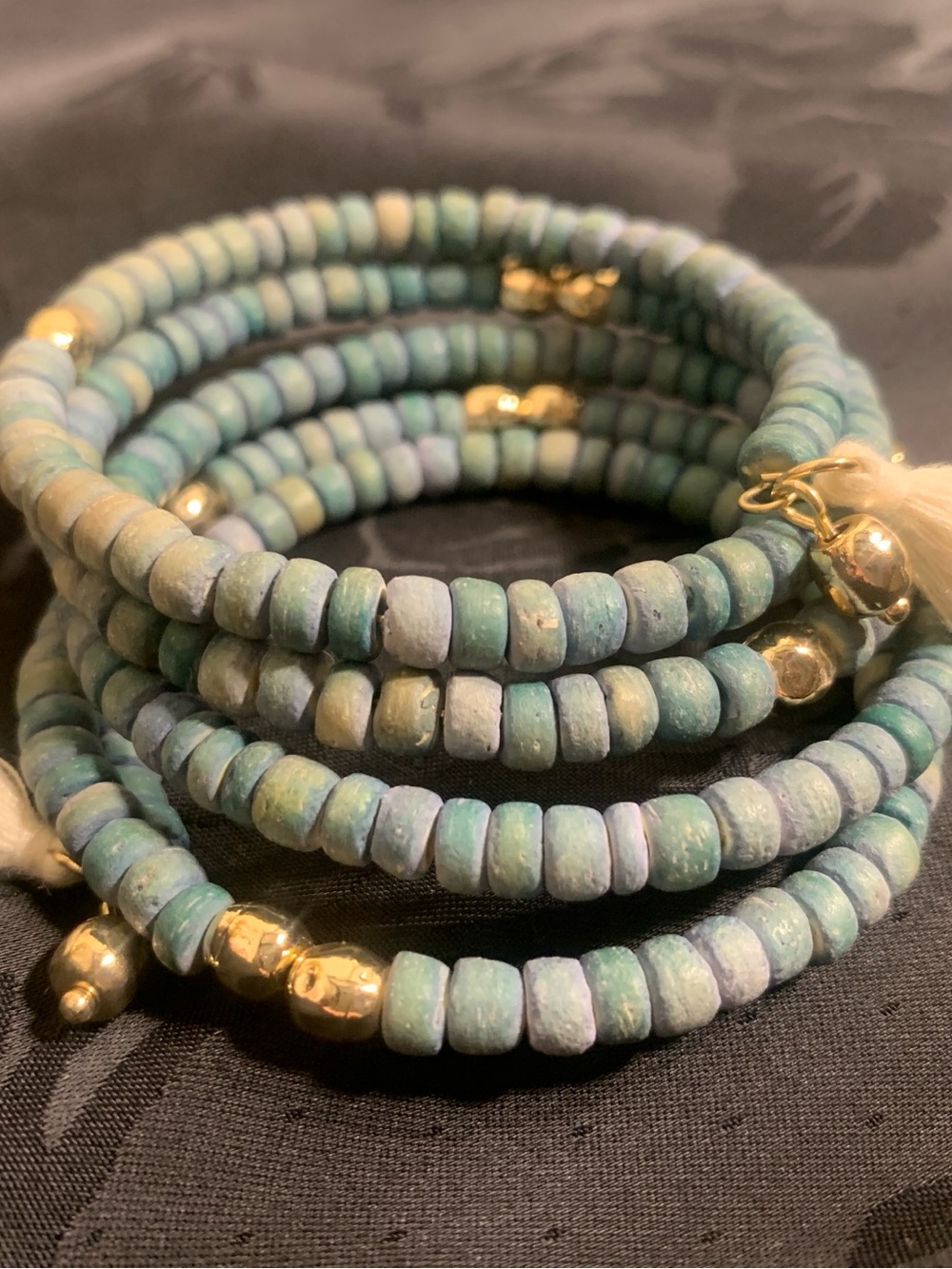 Handmade Turquoise Beaded Coil Bracelet with Gold Accents